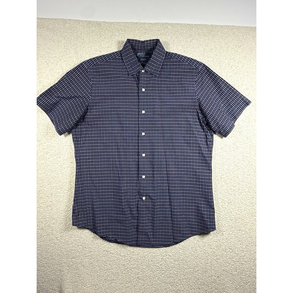 Polo Ralph Lauren Mens L Bradford Custom Fit Navy Plaid Short Sleeve Shirt - Picture 1 of 11